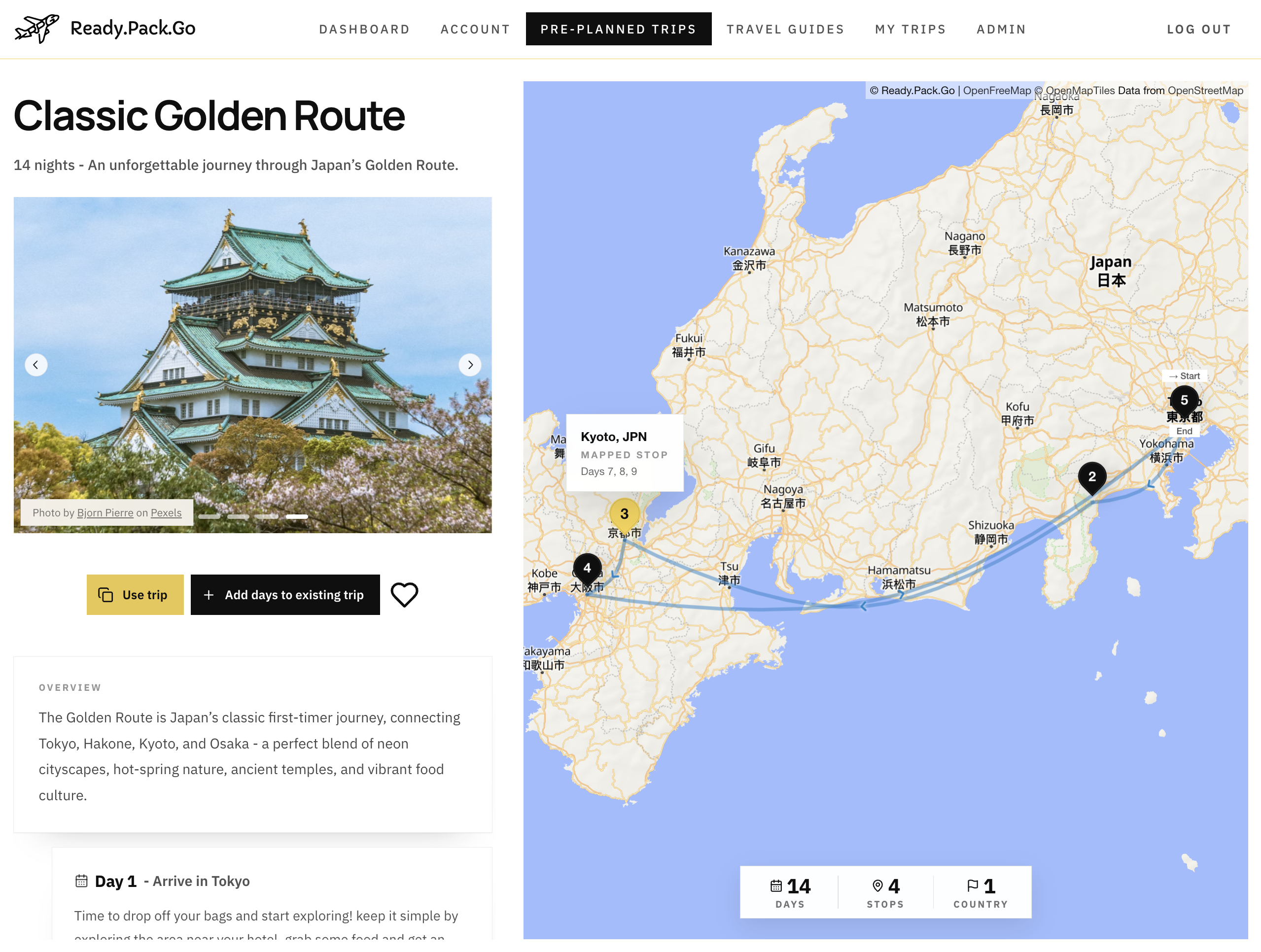 Logged-in Ready.Pack.Go workspace showing a trip alongside its map and itinerary